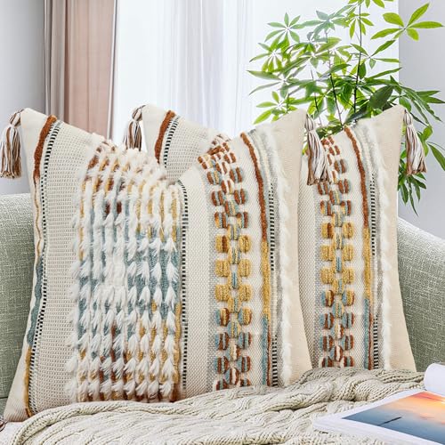 Set of 2 Chenille Striped Tufted Textured Boho Throw Pillow Covers Aesthetic with Tassels Woven Decorative Pillow Case for Couch Bed Sofa Bedroom Modern Funky 18 x 18-Inch Brown White - color: Brown White, size: 18" x 18" (Pack of 2)