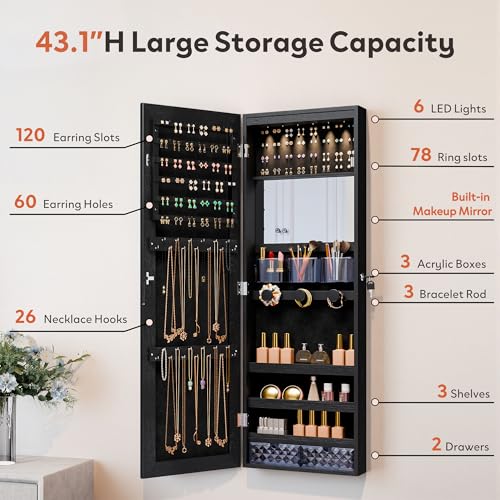 Unisakey Mirror Jewelry Cabinet,Lockable Wall or Door Mounted Jewelry Armoire Organizer With Built-up Mirror,LED Lights, Drawers,Cosmetic Trays,Shelves, 14.4"x3.15"x 43.1"（Black） | Door or Wall Mount Flexible,Drawers Cosmetic Trays Shelves Inside,Built-in