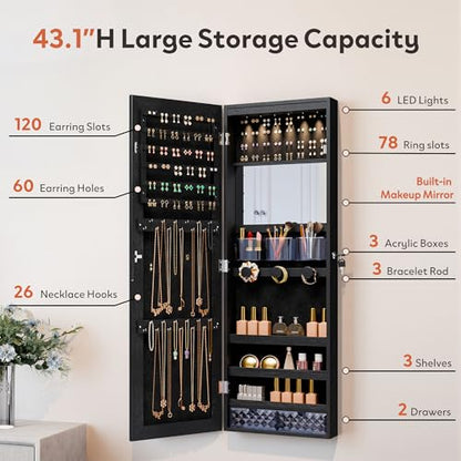 Unisakey Mirror Jewelry Cabinet,Lockable Wall or Door Mounted Jewelry Armoire Organizer With Built-up Mirror,LED Lights, Drawers,Cosmetic Trays,Shelves, 14.4"x3.15"x 43.1"（Black） | Door or Wall Mount Flexible,Drawers Cosmetic Trays Shelves Inside,Built-in