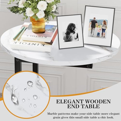 C Shaped End Table, Oval Side Tables on Couch, Black | TV Tray that Slide Under , Narrow Sofa Table with Metal Frame for Small Space Sofa Living Room Bedroom - color: White Marble+black