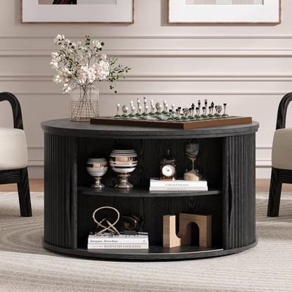 SULIVES Round Coffee Table with Lifting Top, Multifunctional Lift Top Drum Coffee Table with Sliding Door, Small Fluted Center Table for Living Room,Black - color: Black_round-lift-top
