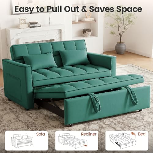Sleeper Sofa Bed with Adjustable Backrest & Side Pockets, Green | Adjustable Backrest & Side Pockets,Pull Out Sofa,Comfortable Fabric - color: S-green-s2