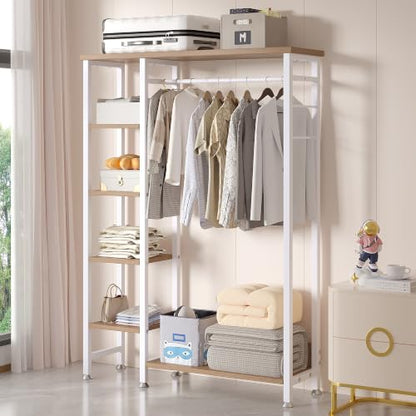 VECELO Open Garment Clothing Rack, Free-Standing Heavy Duty Storage Closet with 5 Shelves and Hanging Rod for Small Spaces, Max Load 350LBS, Nature White - color: Nature White