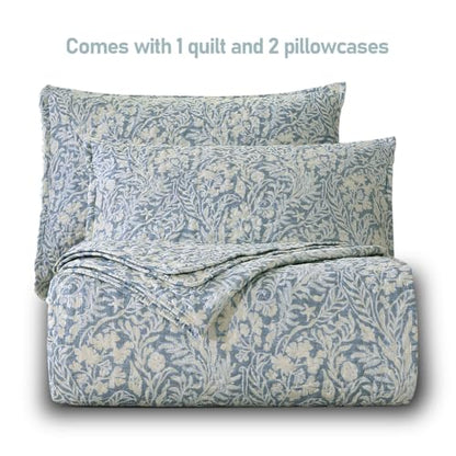 DURLENGEN Quilt Set Queen Size 3Pcs, Bluish Grey Printed with Beige Leaves Pattern,Soft Microfiber Lightweight Bedspread for All Season Layering(Queen 90x96,Beige Botanical) - color: Beige Botanical, size: Queen(90" x 96")