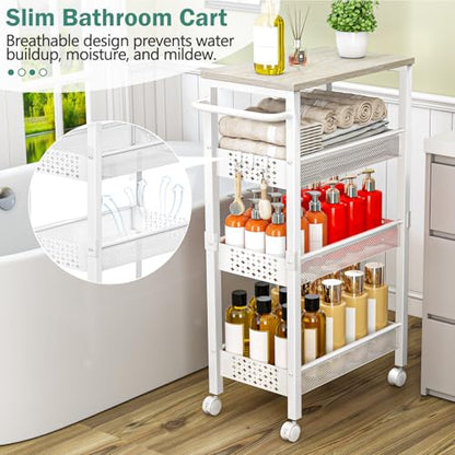 Vivihomety 4-Tier Laundry Utility Rolling Cart with Wheels, Kitchen & Bath | Narrow 8.1" wide, lockable wheels, wood top panel, metal frame, for laundry room, small spaces, pantry, tight gaps, White - color: White, size: 8.1 inch wide