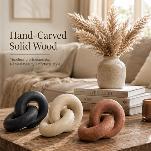 Novabright 3 Pcs Wood Knot Decor, Chain Link Decor, Rustic Home Décor Accents for Coffee Table, Modern Farmhouse Decorative Objects for Bookshelf, Entryway & Mantle, Natural, Black, Brown