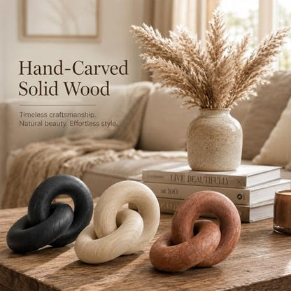Novabright 3 Pcs Wood Knot Decor, Chain Link Decor, Rustic Home Décor Accents for Coffee Table, Modern Farmhouse Decorative Objects for Bookshelf, Entryway & Mantle, Natural, Black, Brown