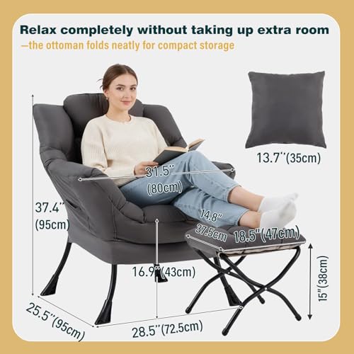 Lazy Chair with Ottoman, Comfy Reading Chair for Bedroom，Grey | Comfy Bedroom Accent Chair with Washable Removable Cover and extra throw pillow for Living Room Dorm - color: Peach Dark Grey-1