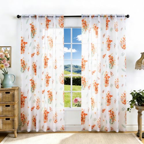 youleyar Floral Sheer Curtains for Living Room 63 Inches Long 2 Panels White Semi-Sheer Curtain with Orange Floral Printed Pattern Summer/Spring Rod Pocket Voile Drapes for Bedroom, 52" W x 63" L - color: Spring - 1 Floral/Orange, size: 52"W x 63"L (Pack