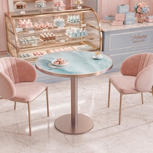31.5'' Tulip Table, Round Dining Table with Glossy Sintered Stone Tabletop | Rose Gold Aluminum Alloy Edge & Pedestal, Small Bistro Table for Dining Room/Café/Small Spaces/Restaurant (Aqua Jade) - color: Aqua Jade (Rose Gold), size: Round