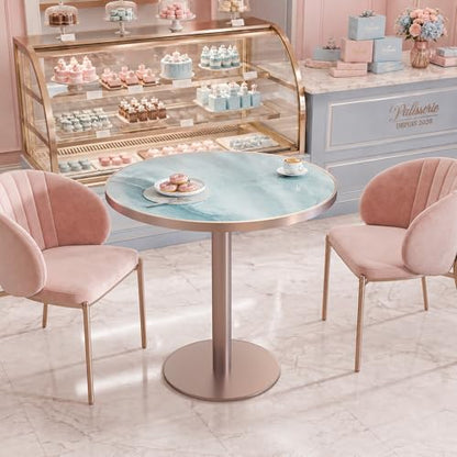 31.5'' Tulip Table, Round Dining Table with Glossy Sintered Stone Tabletop | Rose Gold Aluminum Alloy Edge & Pedestal, Small Bistro Table for Dining Room/Café/Small Spaces/Restaurant (Aqua Jade) - color: Aqua Jade (Rose Gold), size: Round