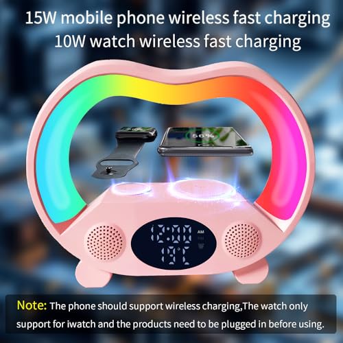 IHAO 6in1 Wireless Charging Station with Bluetooth Speaker Time&Temperature Display Alarm Clock 7-Color LED Night Lights Fast Charger for Phone, Apple Watch, Earbuds Remote Control Auto Shutoff-Pink - color: 6in1 Wireless Charger Alarm Clock Zs932 Pink