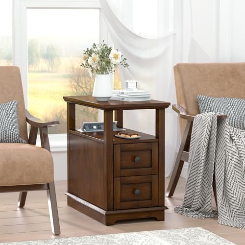 HIFYOBRO End Table with Flip Top Charging Station Set of 2 | Narrow Side Table with 2 Drawers, Type-C & USB Port & Power outlets, Wooden Storage Cabinet for Living Room and Bedroom - color: Glossy Cherry, size: 1 Set