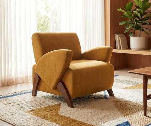 33" Velvet Fabric Modern Comfort Lazy Cloud Chair, Upholstered Deep Seat Single Sofa with Birch Legs, Fashion Lounge Chair with Slim Design for Living Room, Brown Yellow - color: Brown Yellow