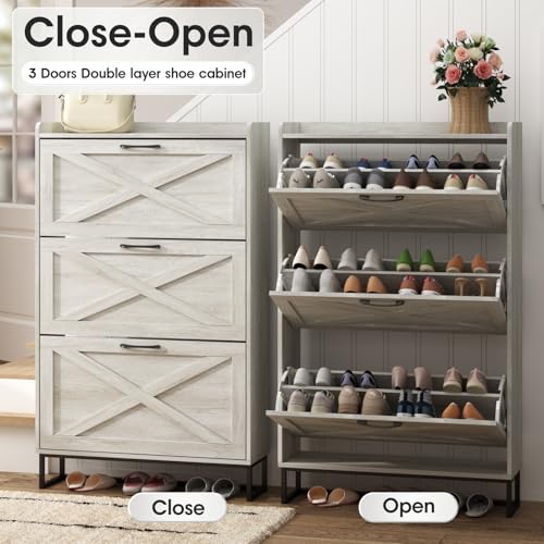Maupvit Shoe Storage Cabinet with 3 Flip Drawers, Freestanding Organizer with Metal Legs for Entryway, Narrow Shoe Rack Cabinet, Beige - color: Beige, style: 3-Drawers