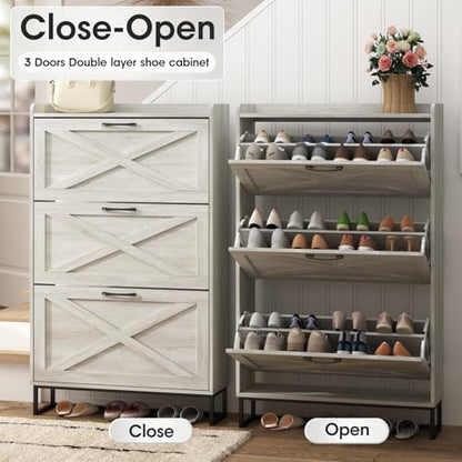 Maupvit Shoe Storage Cabinet with 3 Flip Drawers, Freestanding Organizer with Metal Legs for Entryway, Narrow Shoe Rack Cabinet, Beige - color: Beige, style: 3-Drawers
