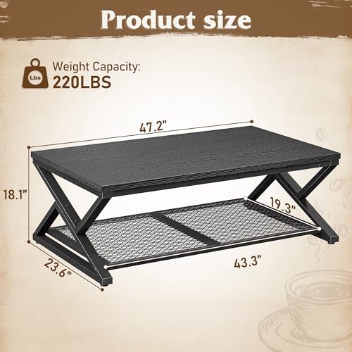 EnHomee Coffee Table, Storage & Shelf, X-Frame Stability, Black Oak | Families, Wood & Metal, Holds Magazines & Drinks, Modern Design, Living Room, 47.2“ - color: Black Oak, size: 47.2 Inch