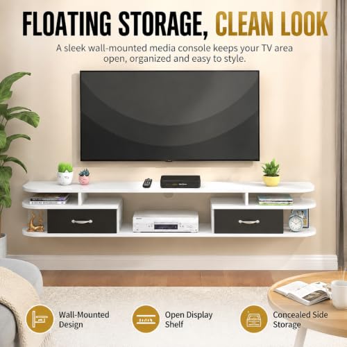 Floating TV Stand, 55" Wall Mounted Media Console for 50-55" TVs | Solid Wood Rounded Corner Dual-Layer Storage with 2 Drawers, Cable Management, Save Space for living rooms & family spaces - color: Walnut, size: 55.1"/140cm