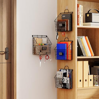 4 Packs Hanging Wall File Organizer with Hooks, Magazine Rack ,Mail Basket | Metal Wall Mounted File Holder Folder with Handles , Home Office Organization for Papers Book, No Assembly Required, Black