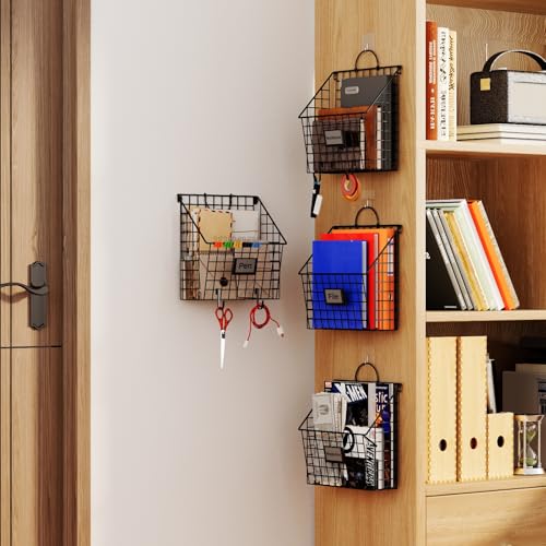 4 Packs Hanging Wall File Organizer with Hooks, Magazine Rack ,Mail Basket | Metal Wall Mounted File Holder Folder with Handles , Home Office Organization for Papers Book, No Assembly Required, Black