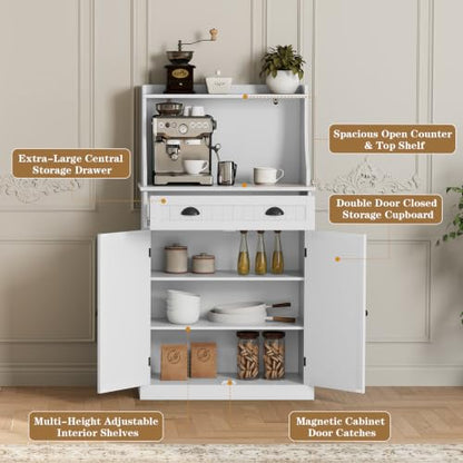 ARTPOWER 54" Kitchen Microwave Cabinet/Stand with Storage and Drawers, Pantry Storage Cabinet with Hutch & Adjustable Shelves for Kitchen, Dining Room, Living Room, Hallway in White - color: White