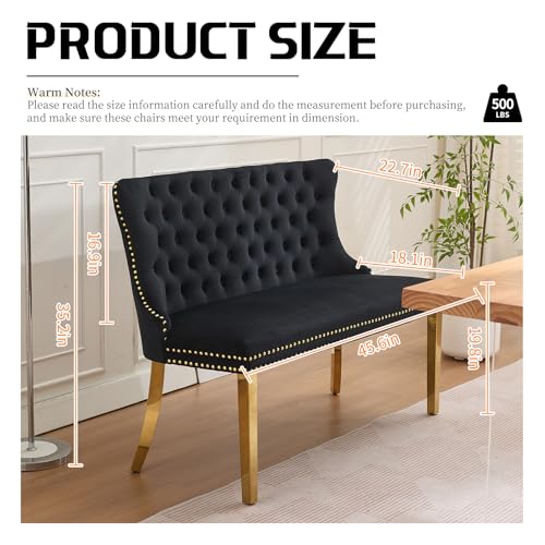 Black Velvet Dining Bench with Back, Tufted Banquette Seating, Gold Legs | Upholstered loveseat bench; tufted back; nailhead trim; 500 lb capacity; foam and spring seat; dining room or entryway - color: Black(gold Stainless Steel Legs)