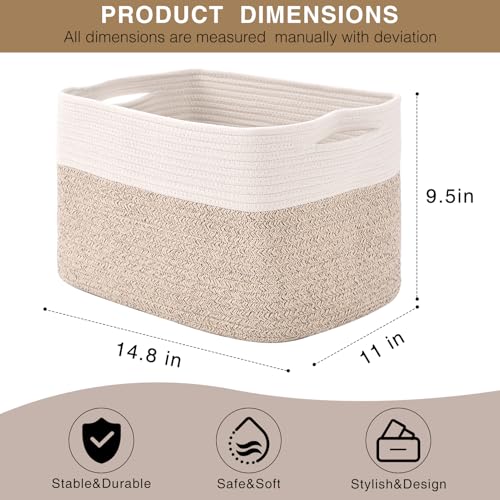 Storage Baskets for Organizing, Woven Storage Baskets for Shelves, Toy Storage Baskets for Kid's Room, Towel Baskets for Bathroom Nursery, 14.8"×11"×9.5", Pack of 3, Off White & Brown - color: Off White & Brown