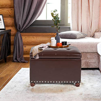 Adeco Button Tufted Accents Rectangular PU Leather Storage Bench Ottoman Footstool for Living Room Bedroom - color: Brown-new