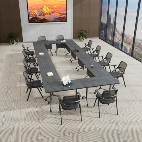Folding Conference Table with Wheels, Flip Top Folding Conference Room Table for 2-12 Person, Mobile Training & Meeting Room Table, Modular Nesting Office Boardroom Desk with Lockable Casters - color: Ebony, size: 71in