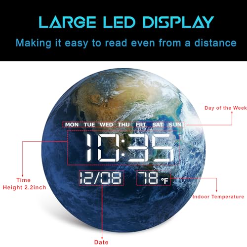 Digital Wall Clock, LED Moon/Earth Design, Temperature Display, 7.87 x 7.87 inches (Earth, 12.59 INCH) - color: Earth, size: 12.59 INCH