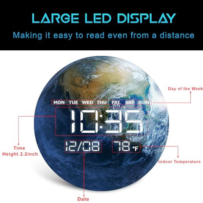 Digital Wall Clock, LED Moon/Earth Design, Temperature Display, 7.87 x 7.87 inches (Earth, 12.59 INCH) - color: Earth, size: 12.59 INCH