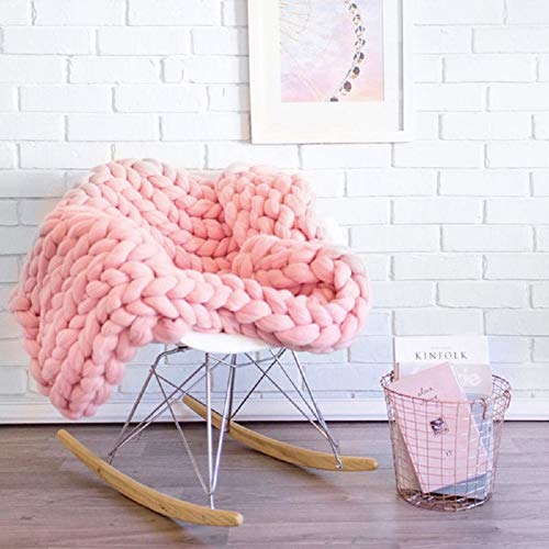 Knit Chunky Blanket Giant Throw Merino Wool Yarn Hand Made Bed Sofa Chair Mat(Pink 40"x60") - color: Pink, size: 40 x 60 in