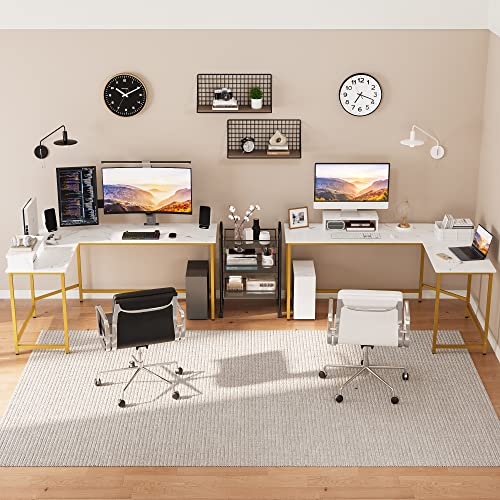 L Shaped Computer Desk with Monitor Stand Reversible White and Gold | Reversible Modern Corner Desk for Home Office Sturdy PC Workstation Study Writing Table