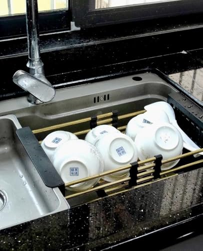 Gold Expandable Dish Drying Rack Over the Sink, Adjustable Stainless Steel Sink Drying Rack for Plates, Bowls & Utensils, Space-Saving Kitchen Counter Drainer(10-18 in) - color: Golden 10-18 in