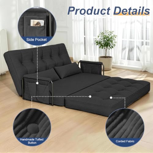 Futon Sofa Bed,Convertible Sofa Bed,Folding Boneless Couches | 3-in-1 Folding Sofa Bed,Boneless Couches for Living Room with Pillow & Side Pocket,High-density Foam,Double Sleeper,Black - color: Balck, size: Full