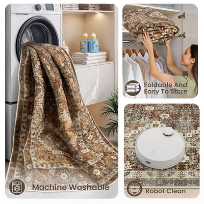 Rugland 2'6x8' Runner Rug, TPR07-Rust, Vintage Tribal, Stain Resistant, Anti-Slip Backing, Machine Washable, Low Pile, Indoor, Rug | Low Pile, Soft & Lighweight, Folable, Stain Resistant Tribal 2.5x8ft Carpet Runners for Entryway,Kitchen,Living Room,Bedro
