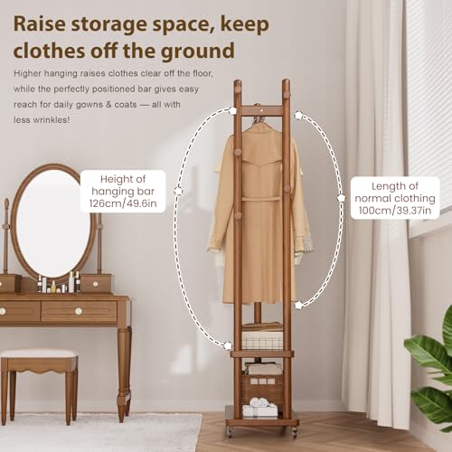 Coat Rack Freestanding Wood Garment Rack 2 Shelves 5 Hooks | Bedroom hallway entryway living room hotel, durable wood construction, mobile wheel design, coats clothes bags storage - size: Walnut-S :18.9''L×13''W×71''H (With Wheels）