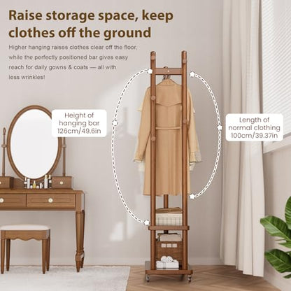 Coat Rack Freestanding Wood Garment Rack 2 Shelves 5 Hooks | Bedroom hallway entryway living room hotel, durable wood construction, mobile wheel design, coats clothes bags storage - size: Walnut-S :18.9''L×13''W×71''H (With Wheels）