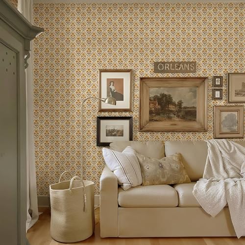 787.4"x17.3" Peel and Stick Wallpaper Floral Cute Contact Paper Vintage Village Country Cottage Wallpaper Farmhouse Yellow Beige Renter Friendly Geometry Waterproof Embossed Kitchen Bedroom - color: Orange, size: 17.3" x 787"