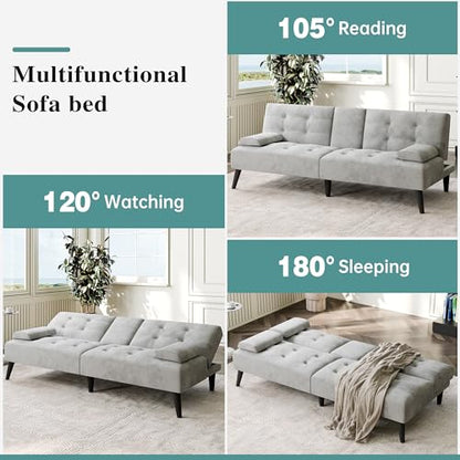 64" Futon Sofa Bed, Convertible Loveseat with 2 Cup Holders, Small Couch with 3 Adjustable Angles & Removable Armrest, Light Grey - color: Light Grey