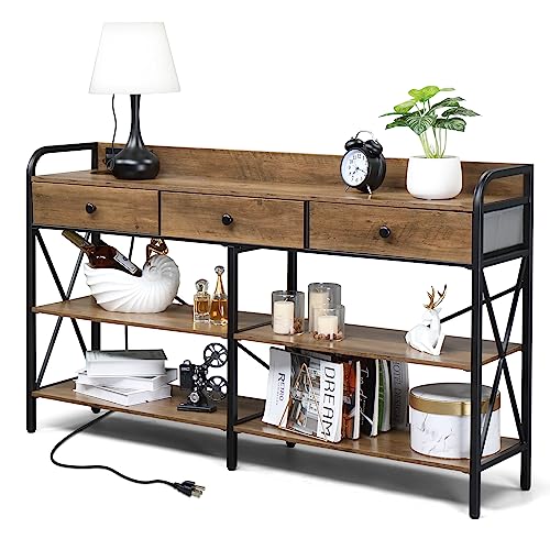 Karl home Console Table with USB Ports and Outlets and Shelves, Brown | Industrial style,3 fabric drawers,3-tier storage shelves,vintage entry desk for living room couch hallway - color: Vintage Brown