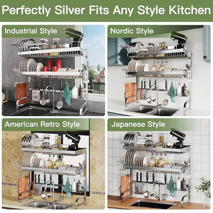 Over The Sink Dish Drying Rack, Extra Large Capacity Dish Drainer | 3 Tier Extra Large All Stainless Steel Expandable Plate Strainers, Rustproof Metal, Counter Space Saving, Modern Silver - color: Silver, style: Over Sink 3 Tier