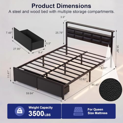 Queen Bed Frame with 2 Storage Drawers, LED Lights & Charging Station, Upholstered Headboard with Shelves, Heavy Duty Metal Platform, No Box Spring Needed, Noise Free, Easy Assembly - size: Queen