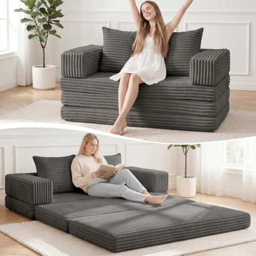 Boneless Loveseat Sofa Bed,Small Couch Bed Futon Sleeper Sofa,Convertible Pull Out Couch with Removable Armrests Backrest,Corduroy Folding Floor Boneless Couch for Living Room,Small Space,Grey - color: Grey, size: Loveseat