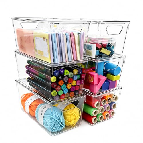 6 Pack Clear Small Storage Bins with Lids, Arts Supplies Storage and Craft Storage Containers, Stackable Acrylic Plastic Storage Bins for Craft Organizers and Storage, Fridge, Cabinet, Closet - size: 6pc