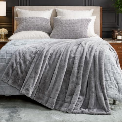 Cozy Bliss Deluxe Sheared Rabbit Faux Fur Throw Blanket, Soft Fuzzy High-Low Sculpted Plush Blanket for Couch, Cozy Home Accent, All Season Use, Grey 50"x60" - color: Stripe - Grey, size: Throw(50" x 60")