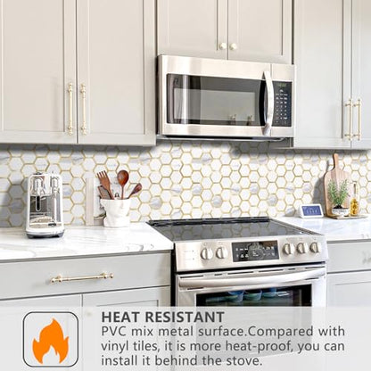 STICKGOO Hexagon Peel and Stick on Backsplash for Kitchen and Bathroom, White Marble Look PVC Mixed Metal Gold Self Adhesive Metal Mosaic Tiles(10 Sheets, Seamless) - color: White Marble with Metal Gold