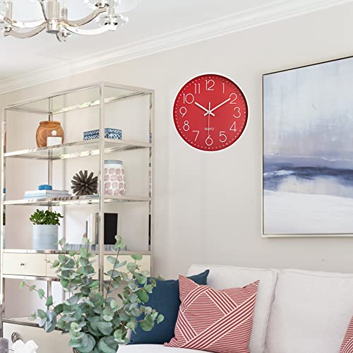 12 in Wall Clock Non-Ticking Quartz Silent Battery Operated Round Clocks Home Kitchen Office School Living Room Decor Clocks (Red) - color: Red