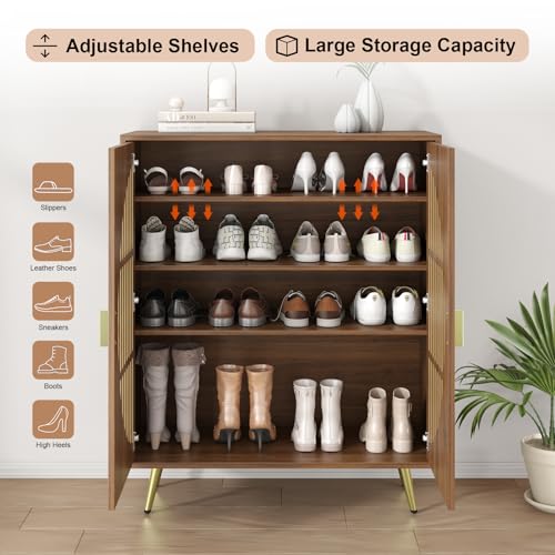5-Tier Walnut Shoe Storage Cabinet with 2 Slatted Doors, Shoe Cupboard with Adjustable Shelves, Wooden Shoe Rack Organizer for Entryway, Hallway, Closet, Living Room - size: 13.78"D x 31.49"W x 32.67"H