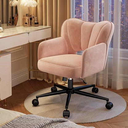 DurayLoly Vanity Chair with Shell Back & 360° Swivel Wheels | Comfy Velet Vanity Chair,Adjustable Height,Stylish and Comfortable for Makeup, Work & Relaxation,Pink - color: Pink